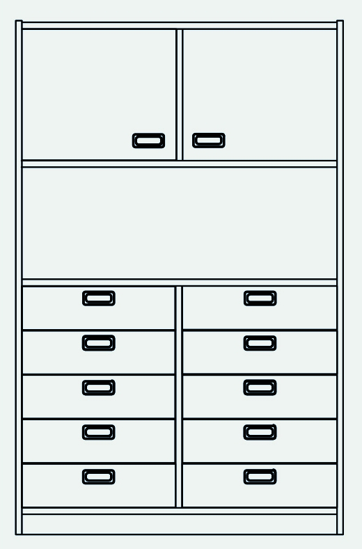 Hochschrank 10 Schubkästen unten, Doppeltür oben Hochschrank 10 Schubkästen unten, Doppeltür oben