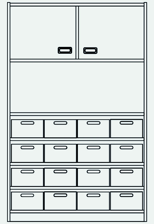Hochschrank 16 Materialkästen unten,Doppeltür oben Hochschrank 16 Materialkästen unten,Doppeltür oben